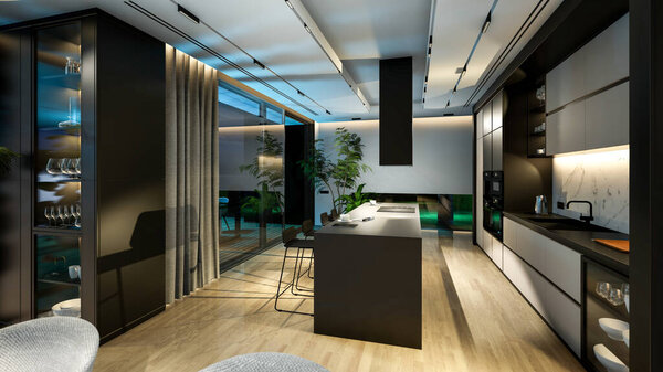 3d rendering of modern cozy interior with living,dining zone stair and kitchen for sale or rent with wood plank by the sea in night. Warm interior lighting combined with cold light from night street