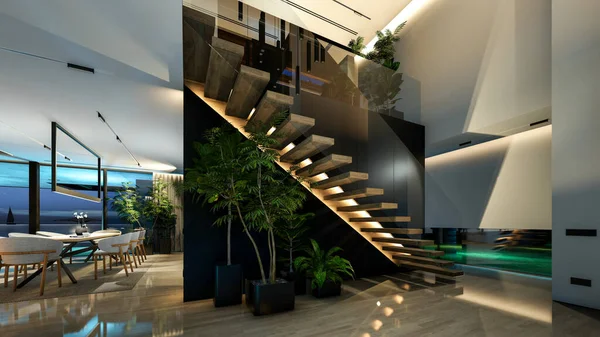 Representación Interior Acogedor Moderno Con Sala Estar Comedor Escalera Cocina —  Fotos de Stock