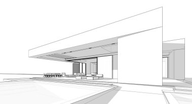 Modern tarzda yeni beton bir ev, havuz, park yeri ya da kira ve arka planda güzel bir peyzaj. Beyaz zemin üzerinde yumuşak ışık gölgeleri olan siyah çizgi çizimi.