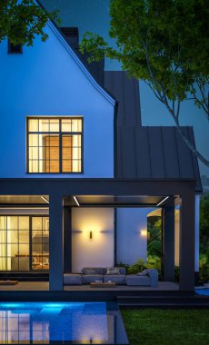 Üç boyutlu şirin, beyaz ve siyah, modern Tudor tarzı bir ev. Park yeri ve havuzu satılık ya da güzel peyzajlı. Peri çatıları. Gökyüzünde bir sürü yıldızla berrak bir yaz gecesi.