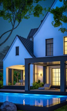 Üç boyutlu şirin, beyaz ve siyah, modern Tudor tarzı bir ev. Park yeri ve havuzu satılık ya da güzel peyzajlı. Peri çatıları. Gökyüzünde bir sürü yıldızla berrak bir yaz gecesi.