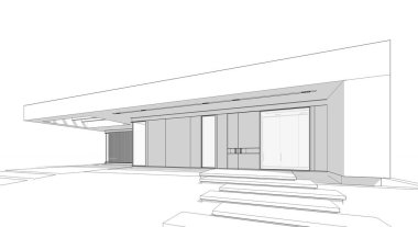 Modern tarzda yeni beton bir ev, havuz, park yeri ya da kira ve arka planda güzel bir peyzaj. Beyaz zemin üzerinde yumuşak ışık gölgeleri olan siyah çizgi çizimi.