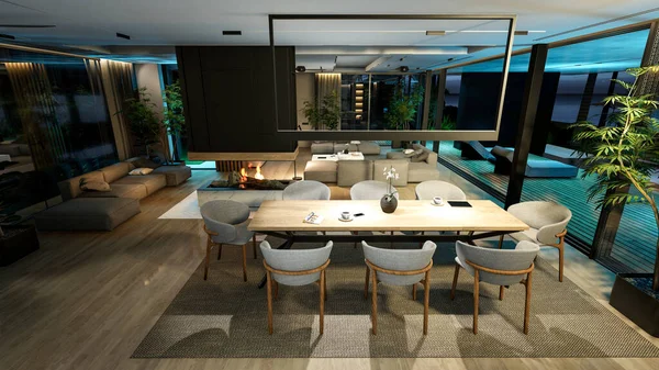 Renderização Interior Acolhedor Moderno Com Vida Escada Zona Jantar Cozinha — Fotografia de Stock