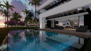 Deniz ya da okyanus kıyısında havuzu ve park yeri olan modern konforlu bir evin 4K görüntüsü. Tropikal adada palmiye ve çiçeklerle gün batımında