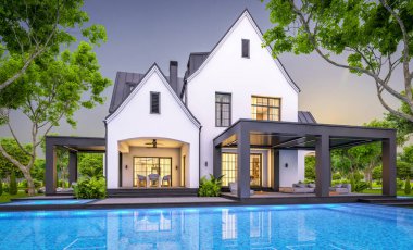 Üç boyutlu şirin, beyaz ve siyah, modern Tudor tarzı bir ev. Park yeri ve havuzu satılık ya da güzel peyzajlı. Peri çatıları. Pencerenin sıcacık ışıklarıyla berrak bir yaz akşamı