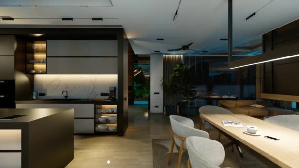4K视频渲染现代舒适的内部与生活 就餐区楼梯和厨房出售或租赁与木板在海上或海洋 晚上有昂贵家具的宽敞公寓 — 图库视频影像