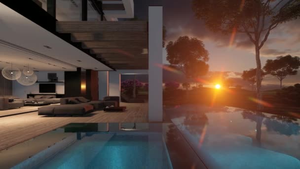 プールや駐車場付きの現代的な居心地の良い家の4Kビデオレンダリングは バックグラウンドで豪華なスタイルと美しい造園で販売または賃貸します 日没の夜 — ストック動画