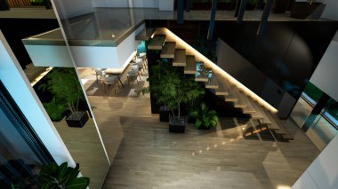 Modern konforlu iç döşeme, yaşam alanı merdiveni, mutfak ve satılık ya da geceleri deniz kenarında ahşap kalaslarla döşenmiş. Ilık iç aydınlatma ve gece sokağındaki soğuk ışık birleşimi.