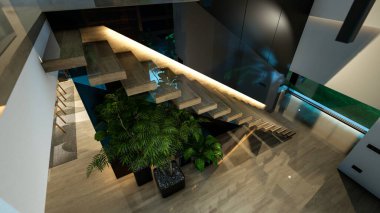 Modern konforlu iç döşeme, yaşam alanı merdiveni, mutfak ve satılık ya da geceleri deniz kenarında ahşap kalaslarla döşenmiş. Ilık iç aydınlatma ve gece sokağındaki soğuk ışık birleşimi.