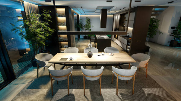 3d rendering of modern cozy interior with living,dining zone stair and kitchen for sale or rent with wood plank by the sea in night. Warm interior lighting combined with cold light from night street