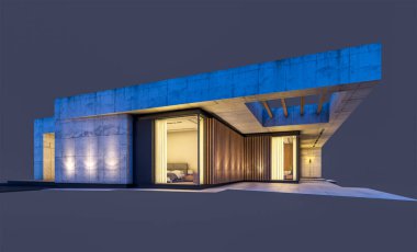 Havuzu ve satılık park yeri olan ya da akşamları sadece bir kat kiralanan modern tarzda üç boyutlu beton bir ev. Siyah üzerine izole edilmiş.