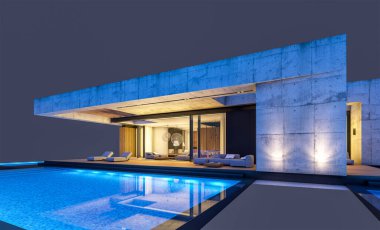 Havuzu ve satılık park yeri olan ya da akşamları sadece bir kat kiralanan modern tarzda üç boyutlu beton bir ev. Siyah üzerine izole edilmiş.