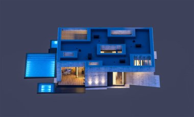 Havuzu ve satılık park yeri olan ya da akşamları sadece bir kat kiralanan modern tarzda üç boyutlu beton bir ev. Siyah üzerine izole edilmiş.