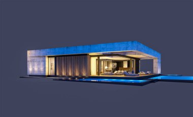 Havuzu ve satılık park yeri olan ya da akşamları sadece bir kat kiralanan modern tarzda üç boyutlu beton bir ev. Siyah üzerine izole edilmiş.