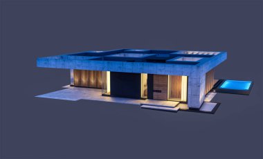 Havuzu ve satılık park yeri olan ya da akşamları sadece bir kat kiralanan modern tarzda üç boyutlu beton bir ev. Siyah üzerine izole edilmiş.