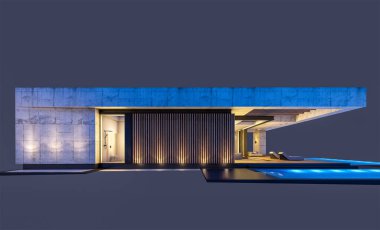 Havuzu ve satılık park yeri olan ya da akşamları sadece bir kat kiralanan modern tarzda üç boyutlu beton bir ev. Siyah üzerine izole edilmiş.