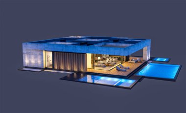 Havuzu ve satılık park yeri olan ya da akşamları sadece bir kat kiralanan modern tarzda üç boyutlu beton bir ev. Siyah üzerine izole edilmiş.