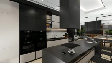 4K video rendering of modern cozy interior with living,dining zone stair and kitchen for sale or rent with wood plank by the sea or ocean. Spacious apartments with expensive furniture and equipment.