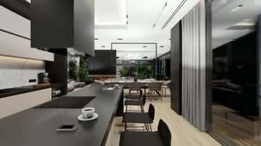 4K video rendering of modern cozy interior with living,dining zone stair and kitchen for sale or rent with wood plank by the sea or ocean. Spacious apartments with expensive furniture and equipment.
