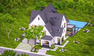 Üç boyutlu şirin, beyaz ve siyah, modern Tudor tarzı bir ev. Park yeri ve havuzu satılık ya da güzel peyzajlı. Peri çatıları. Pencerenin sıcacık ışıklarıyla berrak bir yaz akşamı