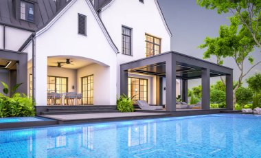 Üç boyutlu şirin, beyaz ve siyah, modern Tudor tarzı bir ev. Park yeri ve havuzu satılık ya da güzel peyzajlı. Peri çatıları. Pencerenin sıcacık ışıklarıyla berrak bir yaz akşamı