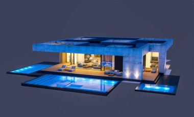 Havuzu ve satılık park yeri olan ya da akşamları sadece bir kat kiralanan modern tarzda üç boyutlu beton bir ev. Siyah üzerine izole edilmiş.