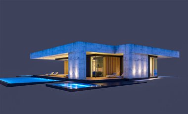 Havuzu ve satılık park yeri olan ya da akşamları sadece bir kat kiralanan modern tarzda üç boyutlu beton bir ev. Siyah üzerine izole edilmiş.