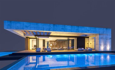 Havuzu ve satılık park yeri olan ya da akşamları sadece bir kat kiralanan modern tarzda üç boyutlu beton bir ev. Siyah üzerine izole edilmiş.