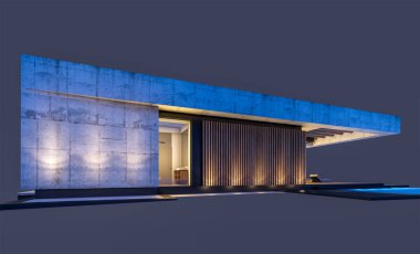 Havuzu ve satılık park yeri olan ya da akşamları sadece bir kat kiralanan modern tarzda üç boyutlu beton bir ev. Siyah üzerine izole edilmiş.