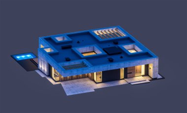 Havuzu ve satılık park yeri olan ya da akşamları sadece bir kat kiralanan modern tarzda üç boyutlu beton bir ev. Siyah üzerine izole edilmiş.