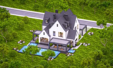 Üç boyutlu şirin, beyaz ve siyah, modern Tudor tarzı bir ev. Park yeri ve havuzu satılık ya da güzel peyzajlı. Peri çatıları. Pencerenin sıcacık ışıklarıyla berrak bir yaz akşamı