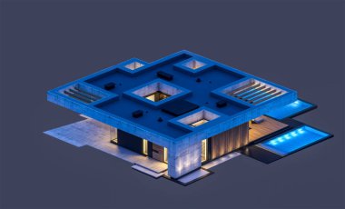 Havuzu ve satılık park yeri olan ya da akşamları sadece bir kat kiralanan modern tarzda üç boyutlu beton bir ev. Siyah üzerine izole edilmiş.