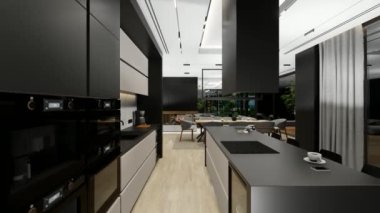 4K video rendering of modern cozy interior with living,dining zone stair and kitchen for sale or rent with wood plank by the sea or ocean. Spacious apartments with expensive furniture and equipment.