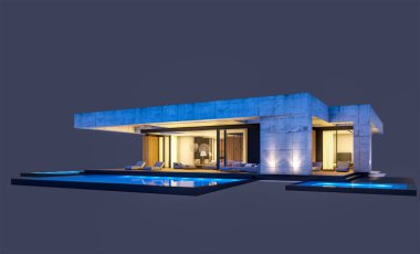 Havuzu ve satılık park yeri olan ya da akşamları sadece bir kat kiralanan modern tarzda üç boyutlu beton bir ev. Siyah üzerine izole edilmiş.