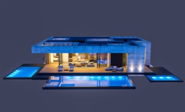 Havuzu ve satılık park yeri olan ya da akşamları sadece bir kat kiralanan modern tarzda üç boyutlu beton bir ev. Siyah üzerine izole edilmiş.