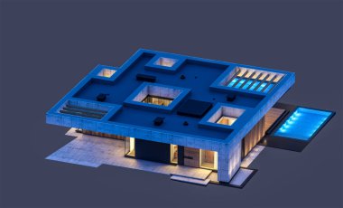 Havuzu ve satılık park yeri olan ya da akşamları sadece bir kat kiralanan modern tarzda üç boyutlu beton bir ev. Siyah üzerine izole edilmiş.