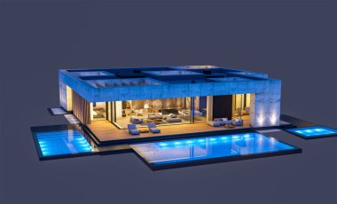 Havuzu ve satılık park yeri olan ya da akşamları sadece bir kat kiralanan modern tarzda üç boyutlu beton bir ev. Siyah üzerine izole edilmiş.