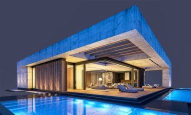 Havuzu ve satılık park yeri olan ya da akşamları sadece bir kat kiralanan modern tarzda üç boyutlu beton bir ev. Siyah üzerine izole edilmiş.