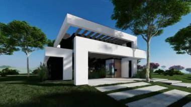 Havuzu ve satılık park yeri olan, lüks tarzı olan ve arka planda güzel peyzajı olan modern rahat evin 4K video görüntüsü. Açık mavi gökyüzü ile güneşli yaz günü.