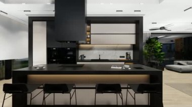 4K video rendering of modern cozy interior with living,dining zone stair and kitchen for sale or rent with wood plank by the sea or ocean. Spacious apartments with expensive furniture and equipment.
