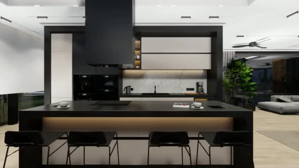 Video Rendering Modern Cozy Interior Living Dining Zone Stair Kitchen — Vídeos de Stock