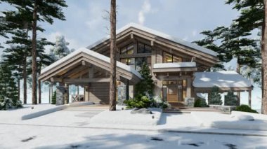 Havuzu ve kiralık park yeri olan modern konforlu bir dağ evinin 4K videosu. Arka planda güzel orman dağları. Devasa kereste kirişleri. Parlak beyaz kar yürüyüşü ile serin kış günü