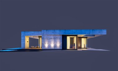 Havuzu ve satılık park yeri olan ya da akşamları sadece bir kat kiralanan modern tarzda üç boyutlu beton bir ev. Siyah üzerine izole edilmiş.