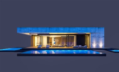 Havuzu ve satılık park yeri olan ya da akşamları sadece bir kat kiralanan modern tarzda üç boyutlu beton bir ev. Siyah üzerine izole edilmiş.