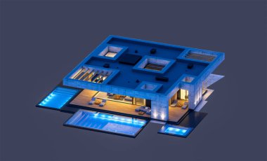 Havuzu ve satılık park yeri olan ya da akşamları sadece bir kat kiralanan modern tarzda üç boyutlu beton bir ev. Siyah üzerine izole edilmiş.