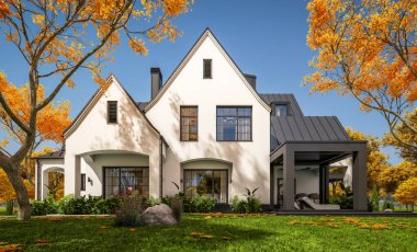 3d rendering of cute cozy white and black modern Tudor style house with parking  and pool for sale or rent with beautiful landscaping. Fairy roofs. Clear sunny autumn day with golden leaves anywhere