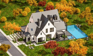 3d rendering of cute cozy white and black modern Tudor style house with parking  and pool for sale or rent with beautiful landscaping. Fairy roofs. Clear sunny autumn day with golden leaves anywhere