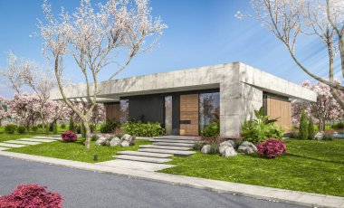 3d rendering of new concrete house in modern style with pool and parking for sale or rent and beautiful landscaping on background. Fresh spring day with a blooming trees with flowers of sakura.