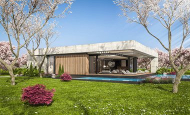 3d rendering of new concrete house in modern style with pool and parking for sale or rent and beautiful landscaping on background. Fresh spring day with a blooming trees with flowers of sakura.