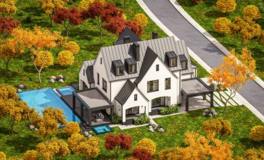 3d rendering of cute cozy white and black modern Tudor style house with parking  and pool for sale or rent with beautiful landscaping. Fairy roofs. Clear sunny autumn day with golden leaves anywhere